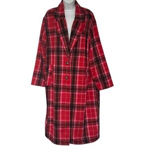 Old Navy Coat Size XL Red Pink Plaid Button Up Pockets Tartan Long Oversized